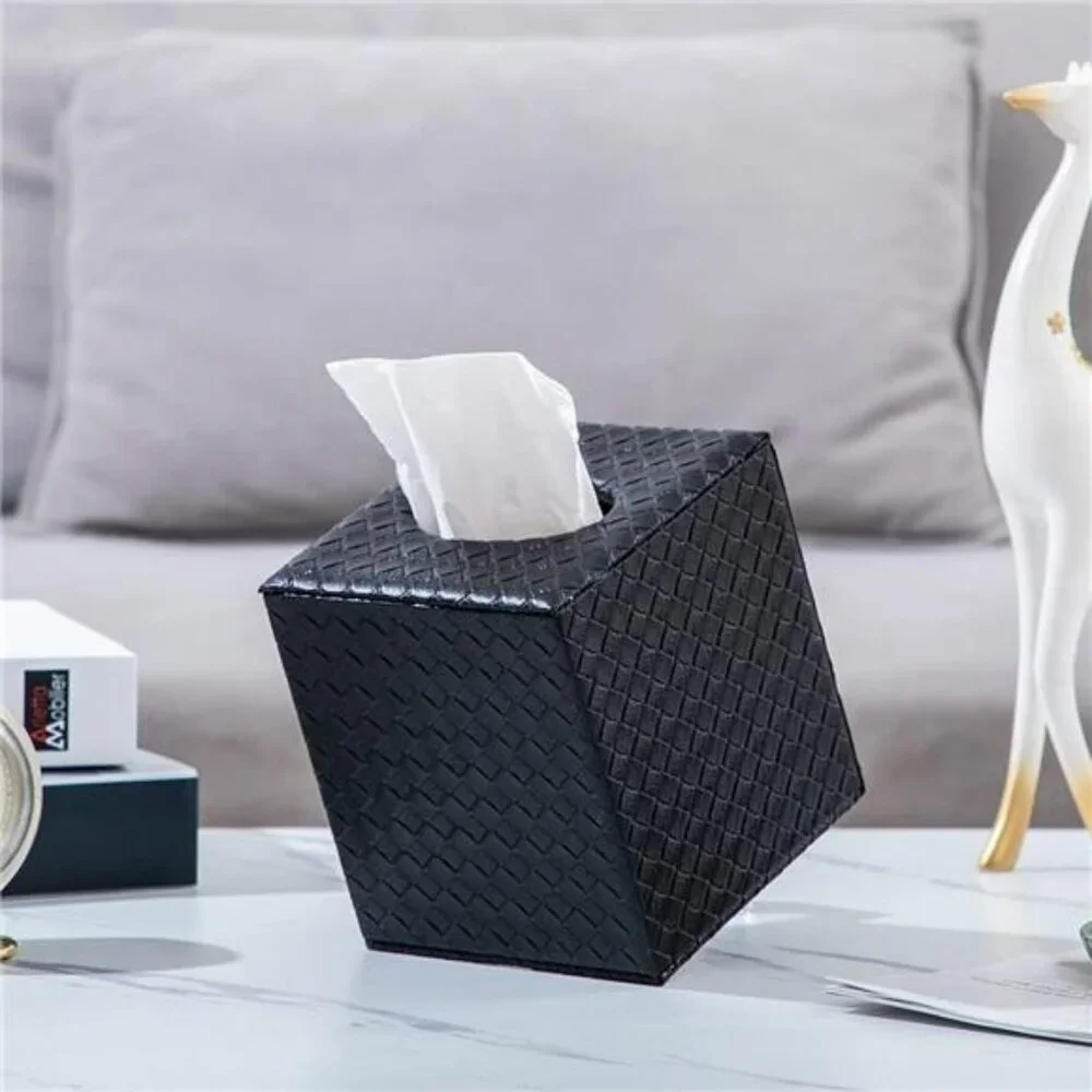 PU leather square tissue box cover holder for bathroom bedroom office deco Black